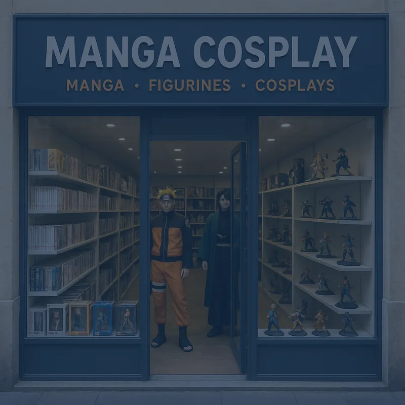 Façade d'une boutique manga en France avec une vitrine remplie de figurines et cosplays, et un mannequin en costume de Naruto à l'intérieur.