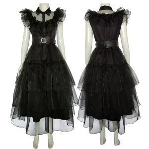 Costume Cosplay Wednesday Addams – Robe Gothique Noire Volants & Ceinture