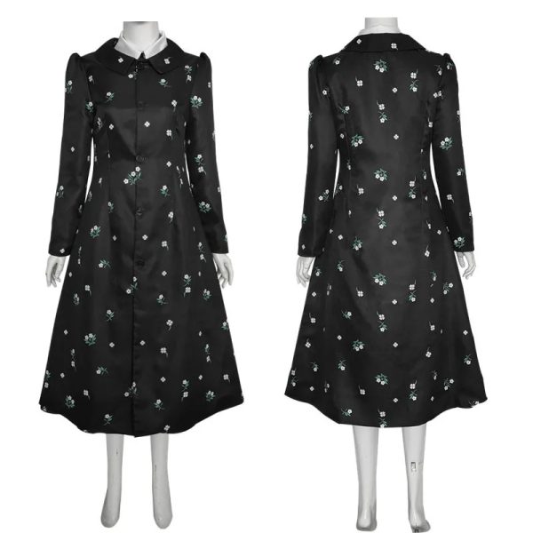 Costume Cosplay Wednesday Addams – Robe Noire Longue à Motifs Floraux