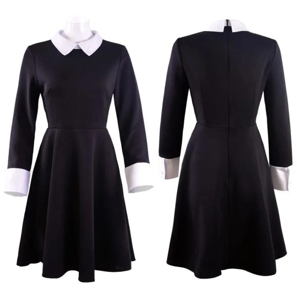 Costume Cosplay Wednesday Addams – Robe Noire Classique Col Blanc