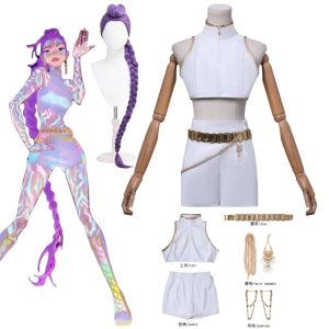 Cosplay KPOP Demon Hunter Rumi – Uniforme Blanc en PU avec Perruque Violette | Costume Complet Femme