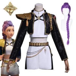 Costume et Perruque Rumi KPOP Demon Hunter – Tenue Cosplay Noire et Or avec Accessoires et Perruque Violette