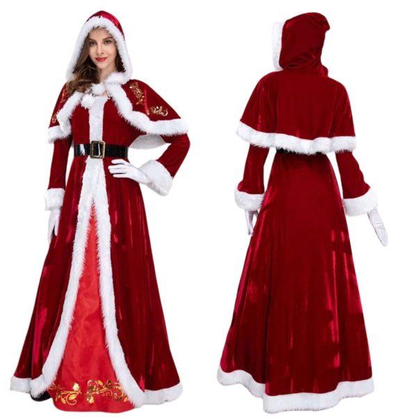 Robe de Noël Femme avec Cape à Capuche – Costume Mère Noël Luxe en Velours