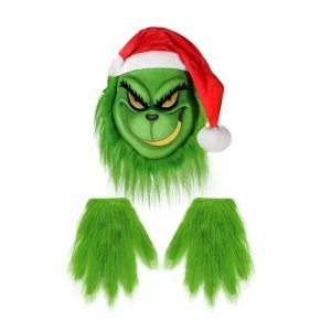 Ensemble Masque Grinch Noël – Masque Festif avec Gants en Fausse Fourrure