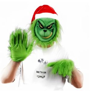 Ensemble Masque Grinch Noël – Masque Festif avec Gants en Fausse Fourrure